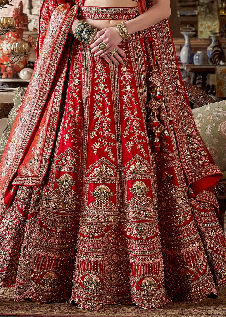 Persian Red Banarasi Silk Lehenga with Thread & Pearl Embroidery with Zari Weaving: Wedding Edit