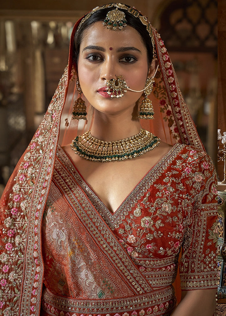 Tiger Orange Banarasi Silk Lehenga with Thread & Pearl Embroidery with Zari Weaving: Wedding Edit