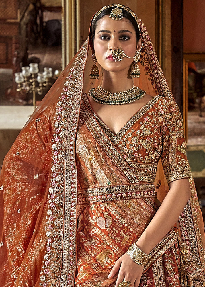 Tiger Orange Banarasi Silk Lehenga with Thread & Pearl Embroidery with Zari Weaving: Wedding Edit