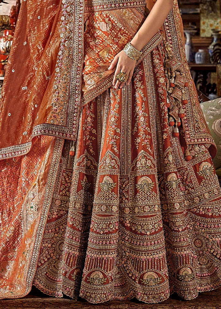 Tiger Orange Banarasi Silk Lehenga with Thread & Pearl Embroidery with Zari Weaving: Wedding Edit