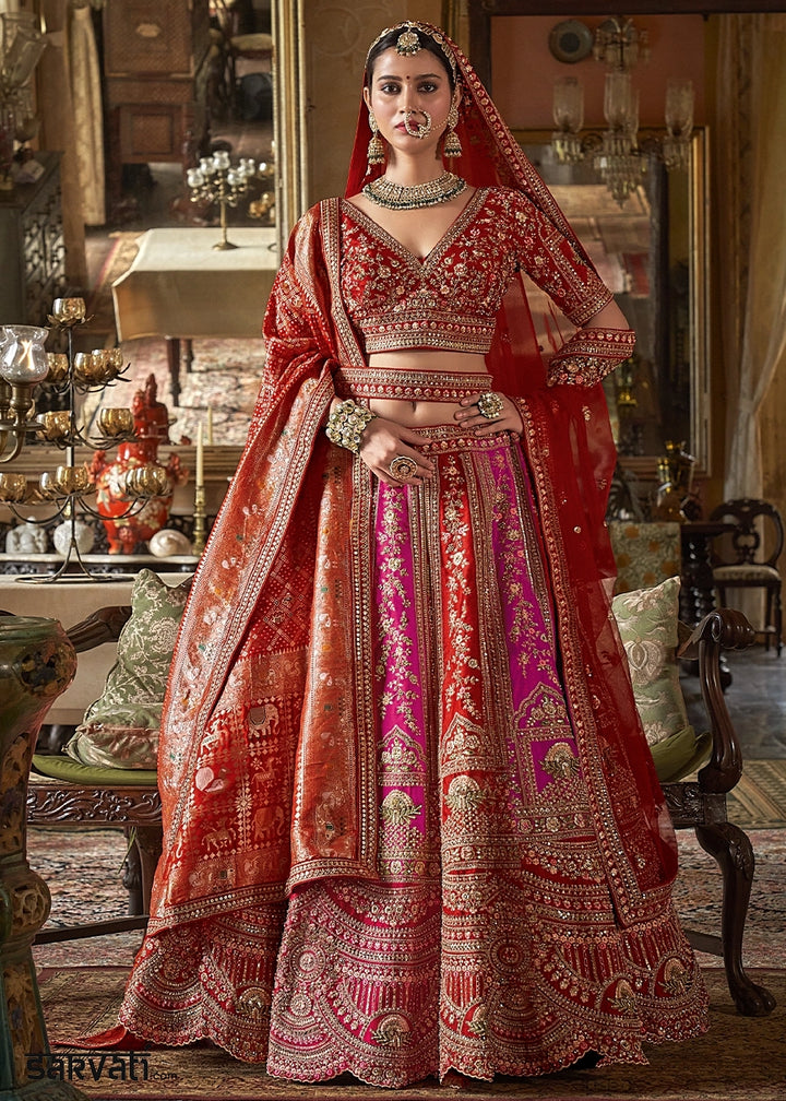 Pink & Red Banarasi Silk Lehenga with Thread & Pearl Embroidery with Zari Weaving: Wedding Edit