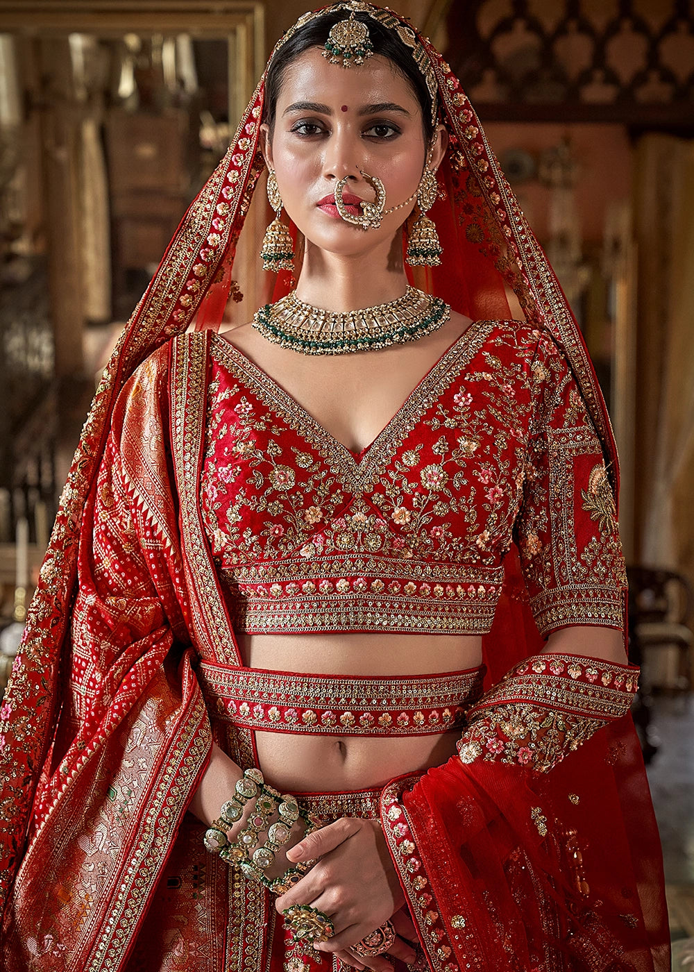 Pink & Red Banarasi Silk Lehenga with Thread & Pearl Embroidery with Zari Weaving: Wedding Edit