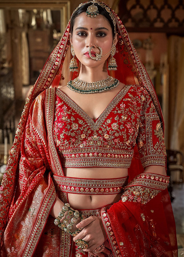Pink & Red Banarasi Silk Lehenga with Thread & Pearl Embroidery with Zari Weaving: Wedding Edit