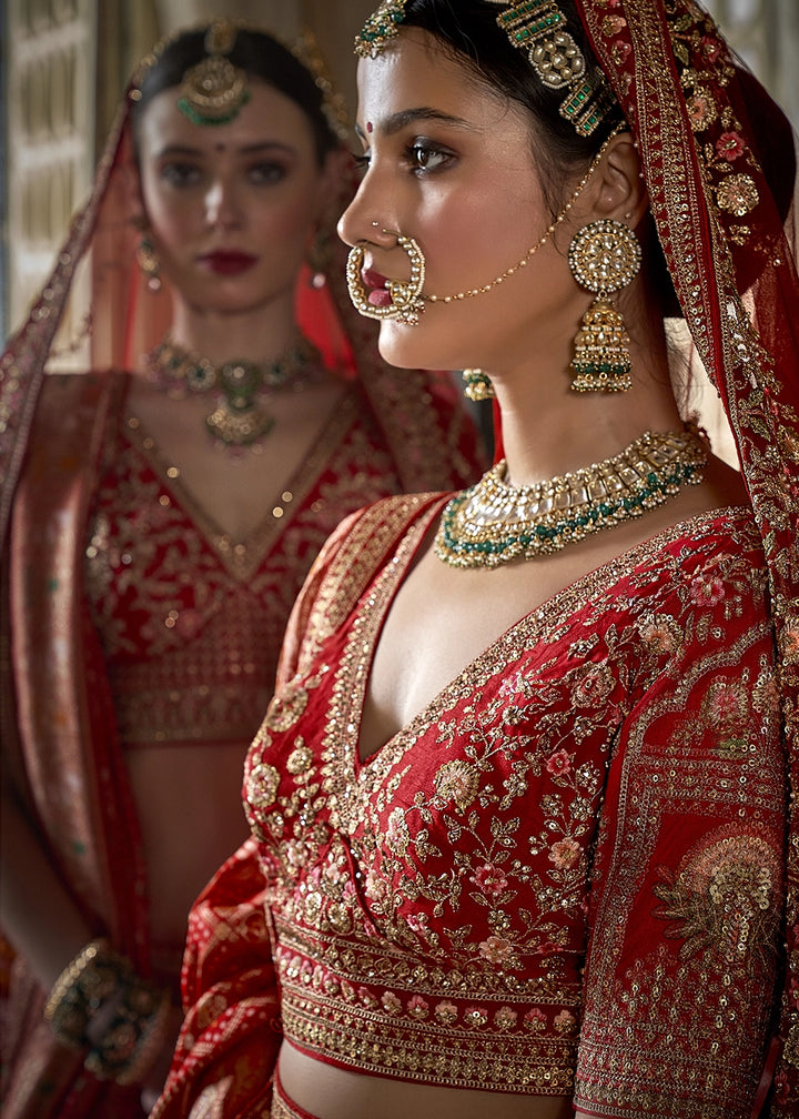 Pink & Red Banarasi Silk Lehenga with Thread & Pearl Embroidery with Zari Weaving: Wedding Edit