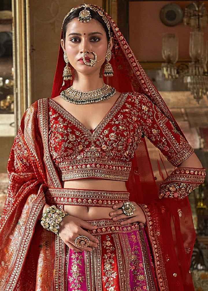 Pink & Red Banarasi Silk Lehenga with Thread & Pearl Embroidery with Zari Weaving: Wedding Edit
