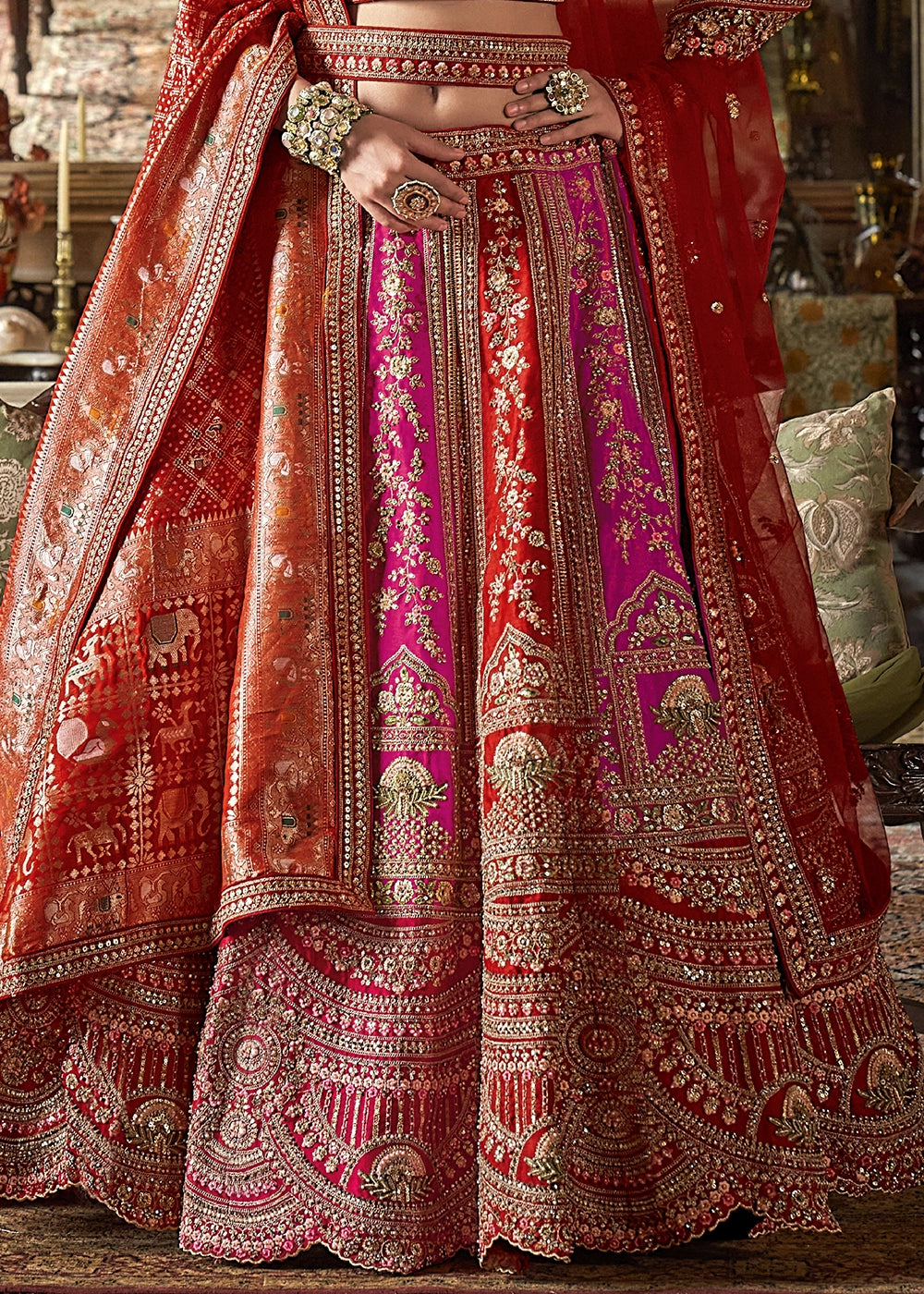 Pink & Red Banarasi Silk Lehenga with Thread & Pearl Embroidery with Zari Weaving: Wedding Edit