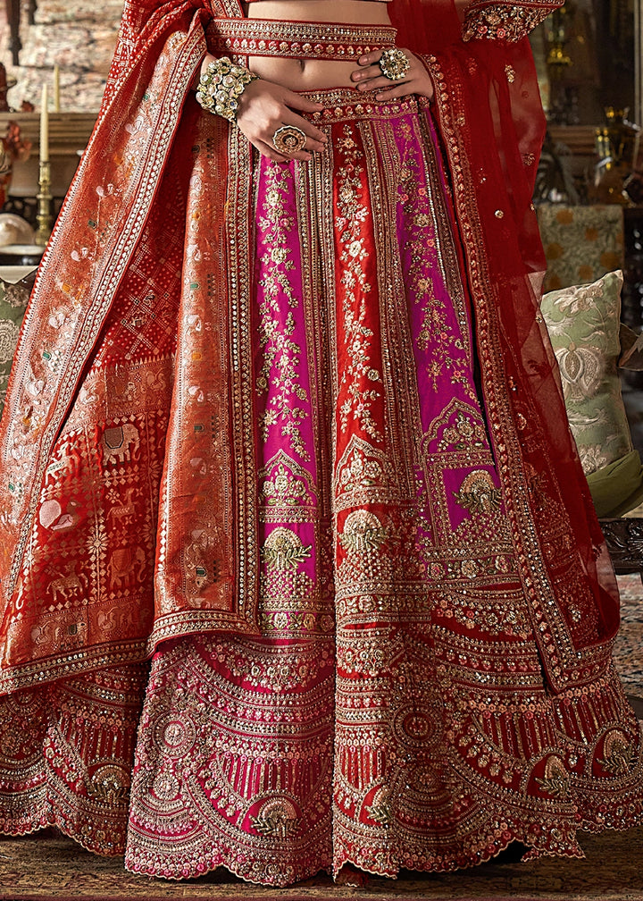Pink & Red Banarasi Silk Lehenga with Thread & Pearl Embroidery with Zari Weaving: Wedding Edit