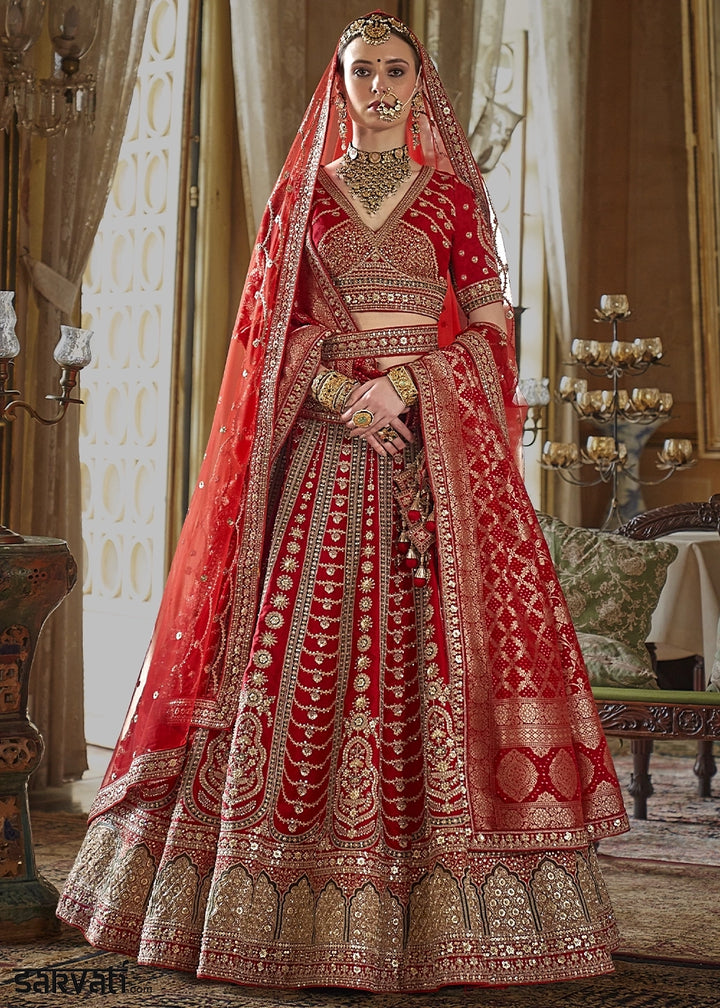 Ruby Red Banarasi Silk Lehenga with Thread & Pearl Embroidery with Zari Weaving: Wedding Edit