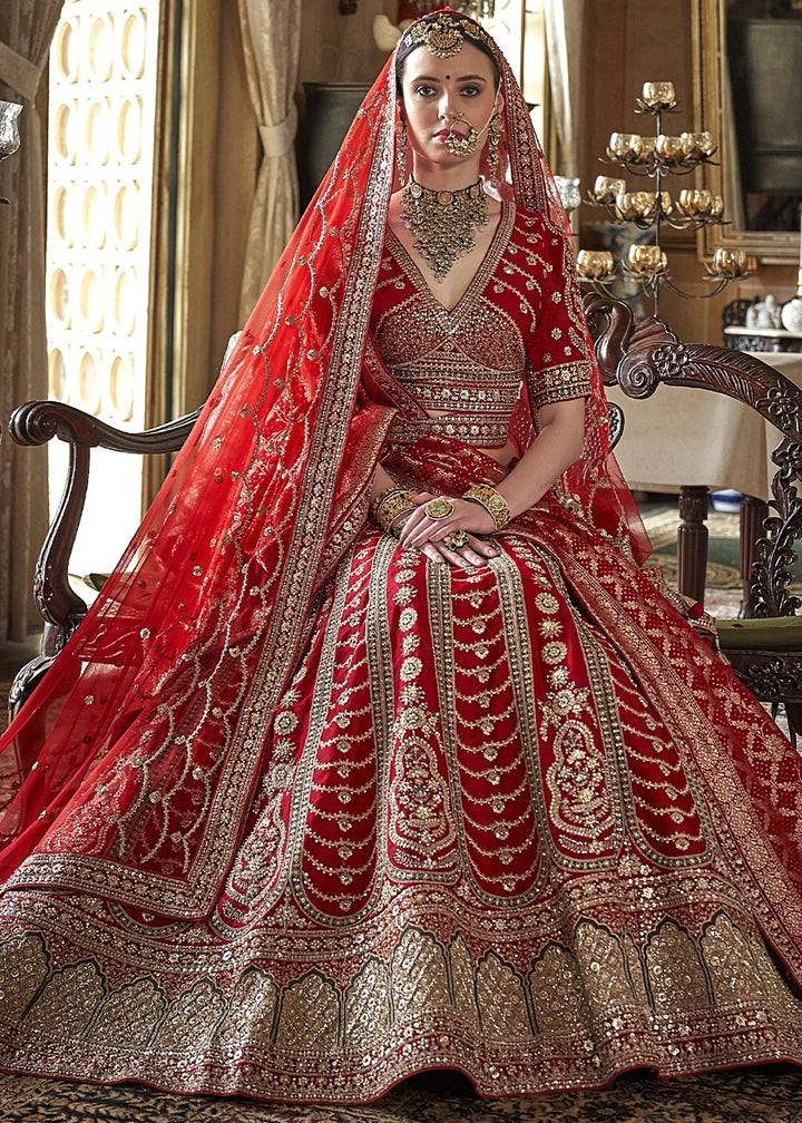 Ruby Red Banarasi Silk Lehenga with Thread & Pearl Embroidery with Zari Weaving: Wedding Edit