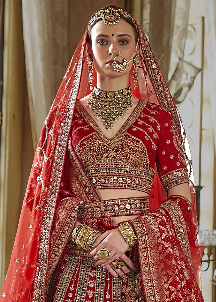 Ruby Red Banarasi Silk Lehenga with Thread & Pearl Embroidery with Zari Weaving: Wedding Edit