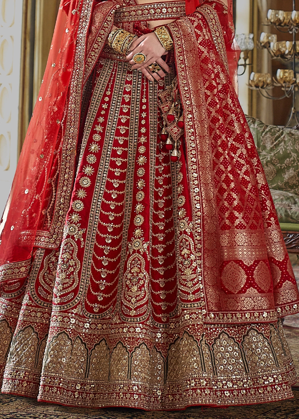 Ruby Red Banarasi Silk Lehenga with Thread & Pearl Embroidery with Zari Weaving: Wedding Edit
