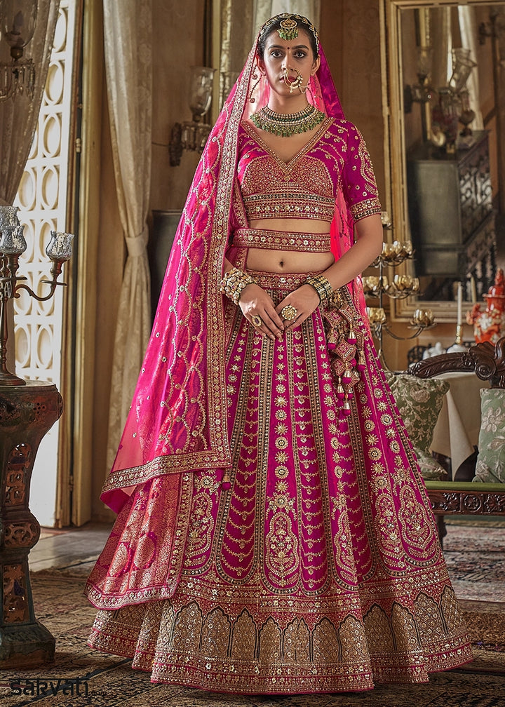 Magenta Pink Banarasi Silk Lehenga with Thread & Pearl Embroidery with Zari Weaving: Wedding Edit