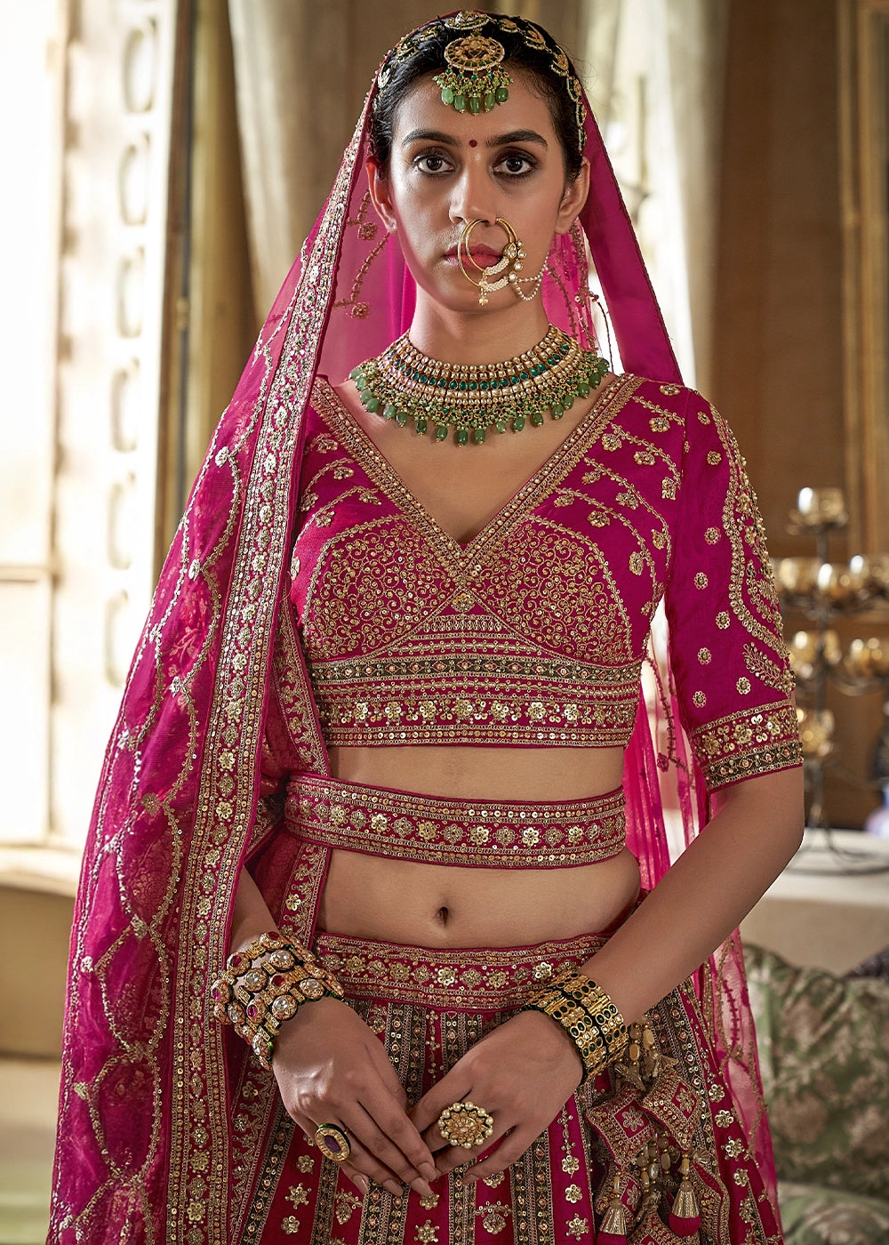 Magenta Pink Banarasi Silk Lehenga with Thread & Pearl Embroidery with Zari Weaving: Wedding Edit