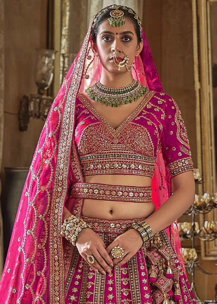 Magenta Pink Banarasi Silk Lehenga with Thread & Pearl Embroidery with Zari Weaving: Wedding Edit