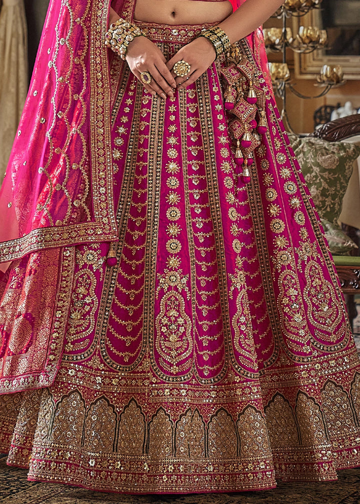 Magenta Pink Banarasi Silk Lehenga with Thread & Pearl Embroidery with Zari Weaving: Wedding Edit
