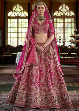 Deep Pink Banarasi Silk Lehenga with Thread, Pearl & Sequin Embroidery : Wedding Edit