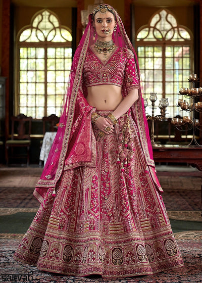 Deep Pink Banarasi Silk Lehenga with Thread, Pearl & Sequin Embroidery : Wedding Edit