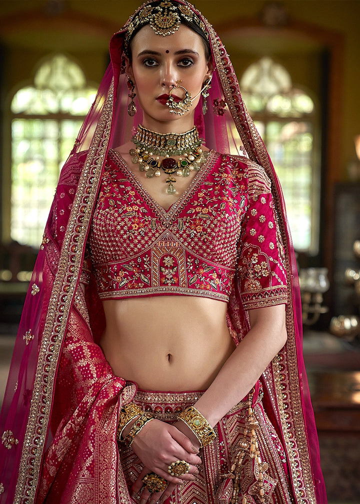 Deep Pink Banarasi Silk Lehenga with Thread, Pearl & Sequin Embroidery : Wedding Edit
