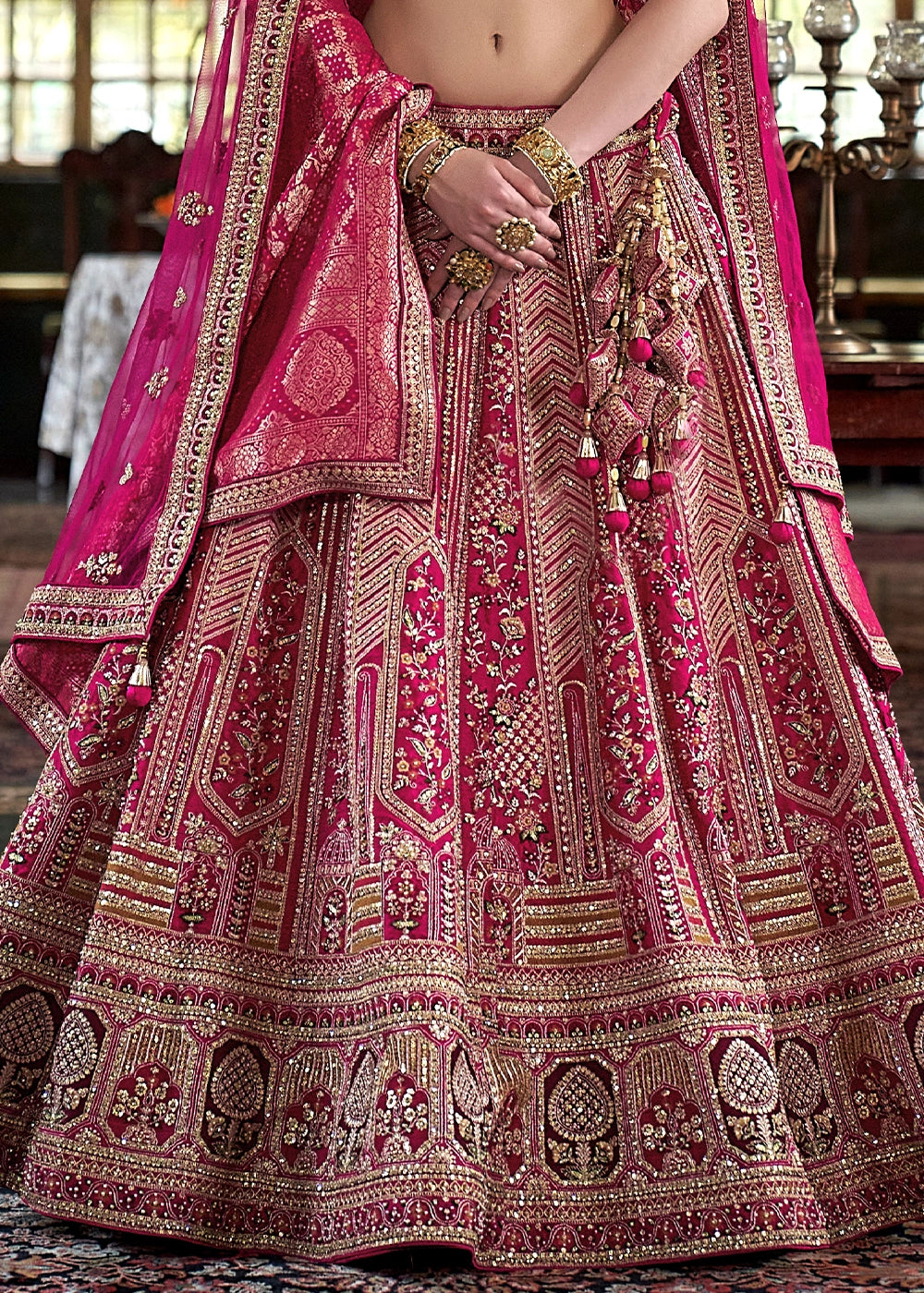 Deep Pink Banarasi Silk Lehenga with Thread, Pearl & Sequin Embroidery : Wedding Edit