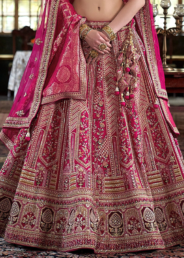 Deep Pink Banarasi Silk Lehenga with Thread, Pearl & Sequin Embroidery : Wedding Edit