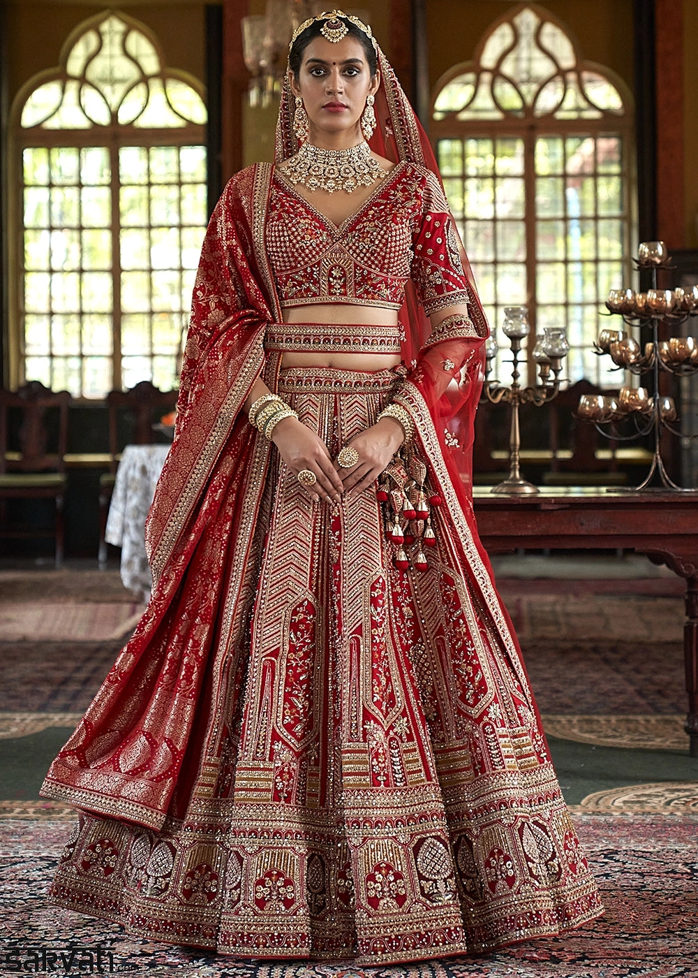 Maroon Red Banarasi Silk Lehenga with Thread, Pearl & Sequin Embroidery : Wedding Edit