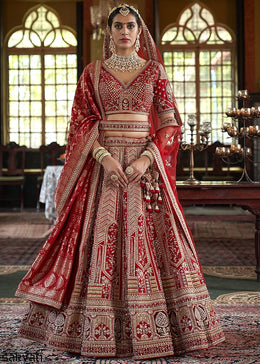 Maroon Red Banarasi Silk Lehenga with Thread, Pearl & Sequin Embroidery : Wedding Edit