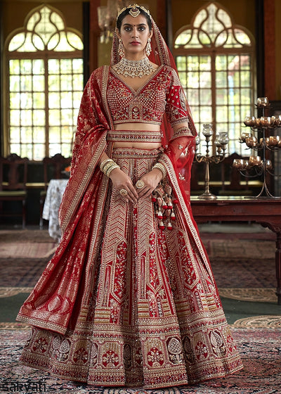 Maroon Red Banarasi Silk Lehenga with Thread, Pearl & Sequin Embroidery : Wedding Edit
