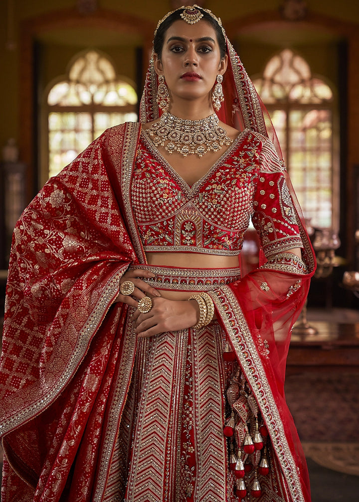 Maroon Red Banarasi Silk Lehenga with Thread, Pearl & Sequin Embroidery : Wedding Edit