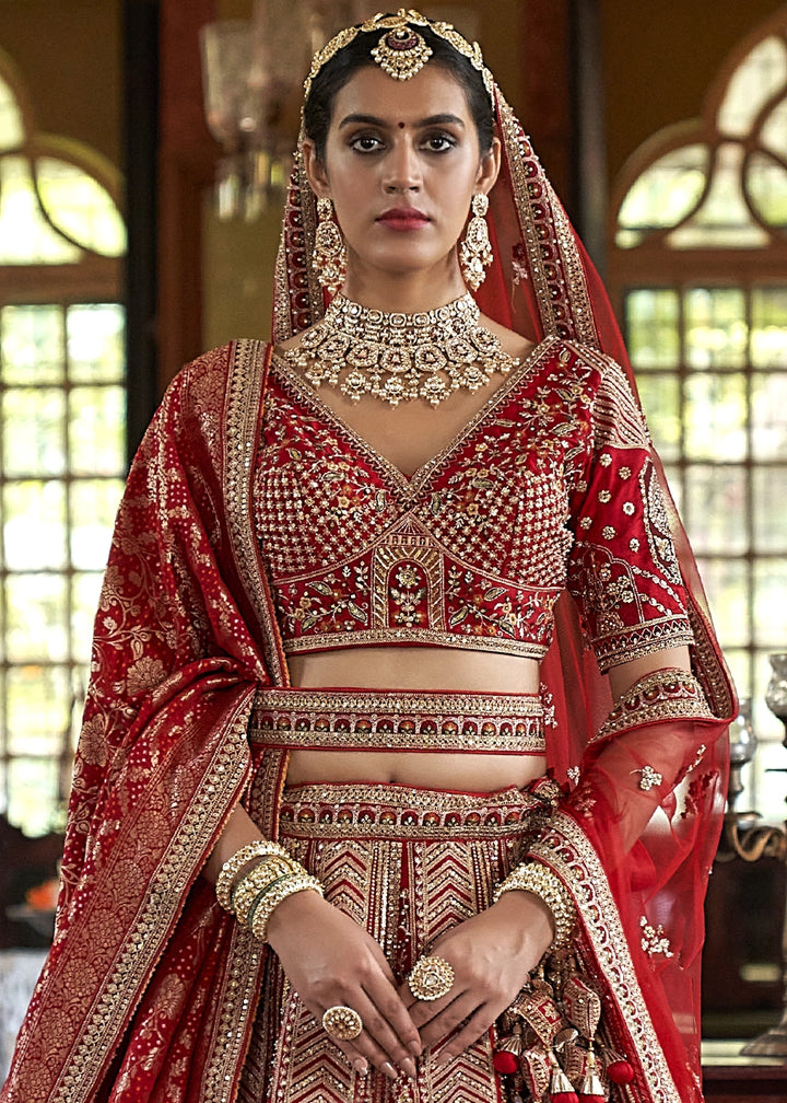 Maroon Red Banarasi Silk Lehenga with Thread, Pearl & Sequin Embroidery : Wedding Edit