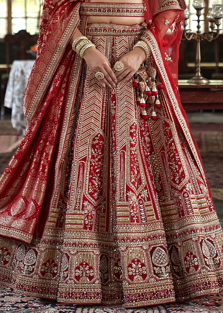Maroon Red Banarasi Silk Lehenga with Thread, Pearl & Sequin Embroidery : Wedding Edit