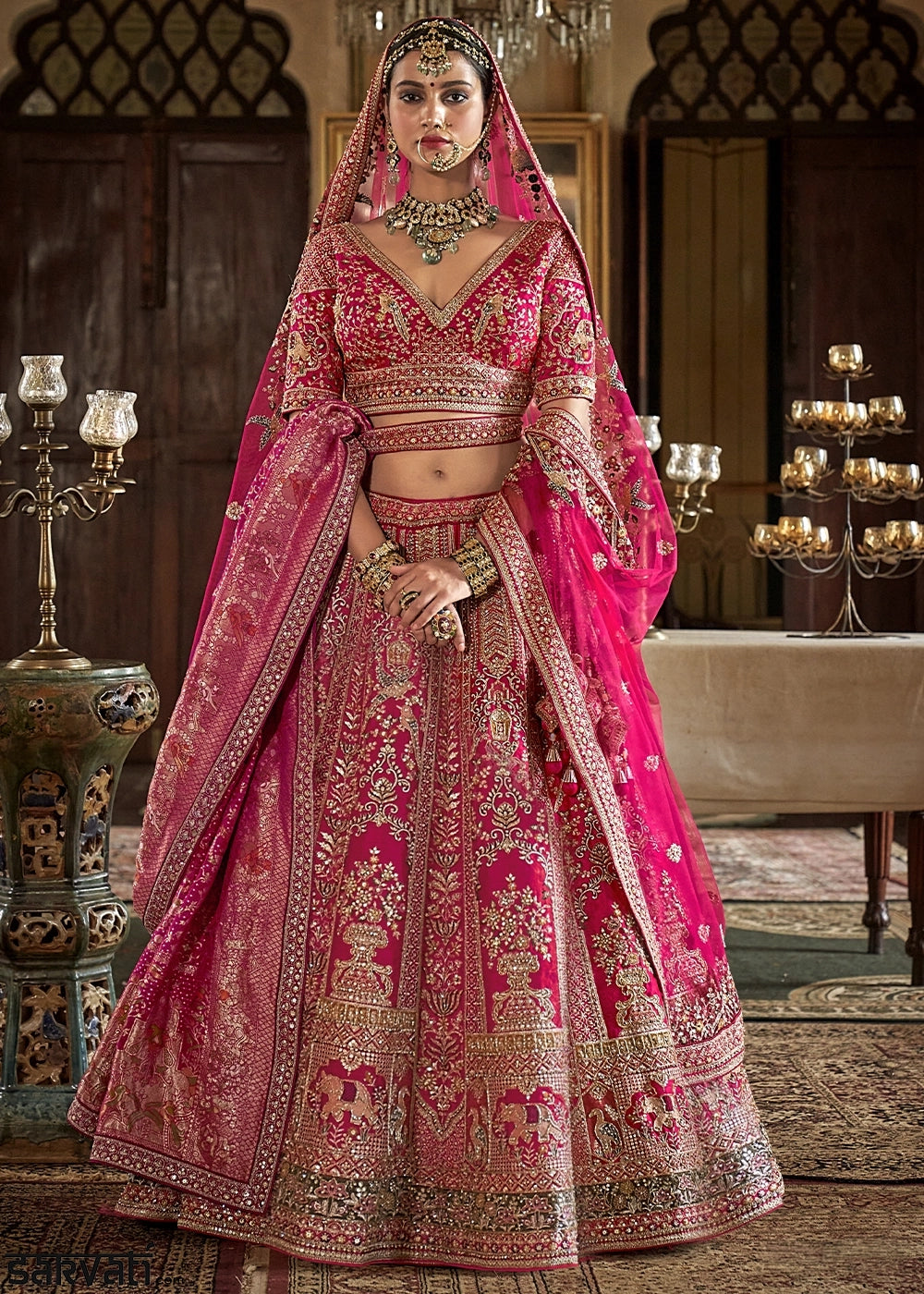 Bright Pink Banarasi Silk Lehenga with Thread, Pearl & Sequin Embroidery : Wedding Edit