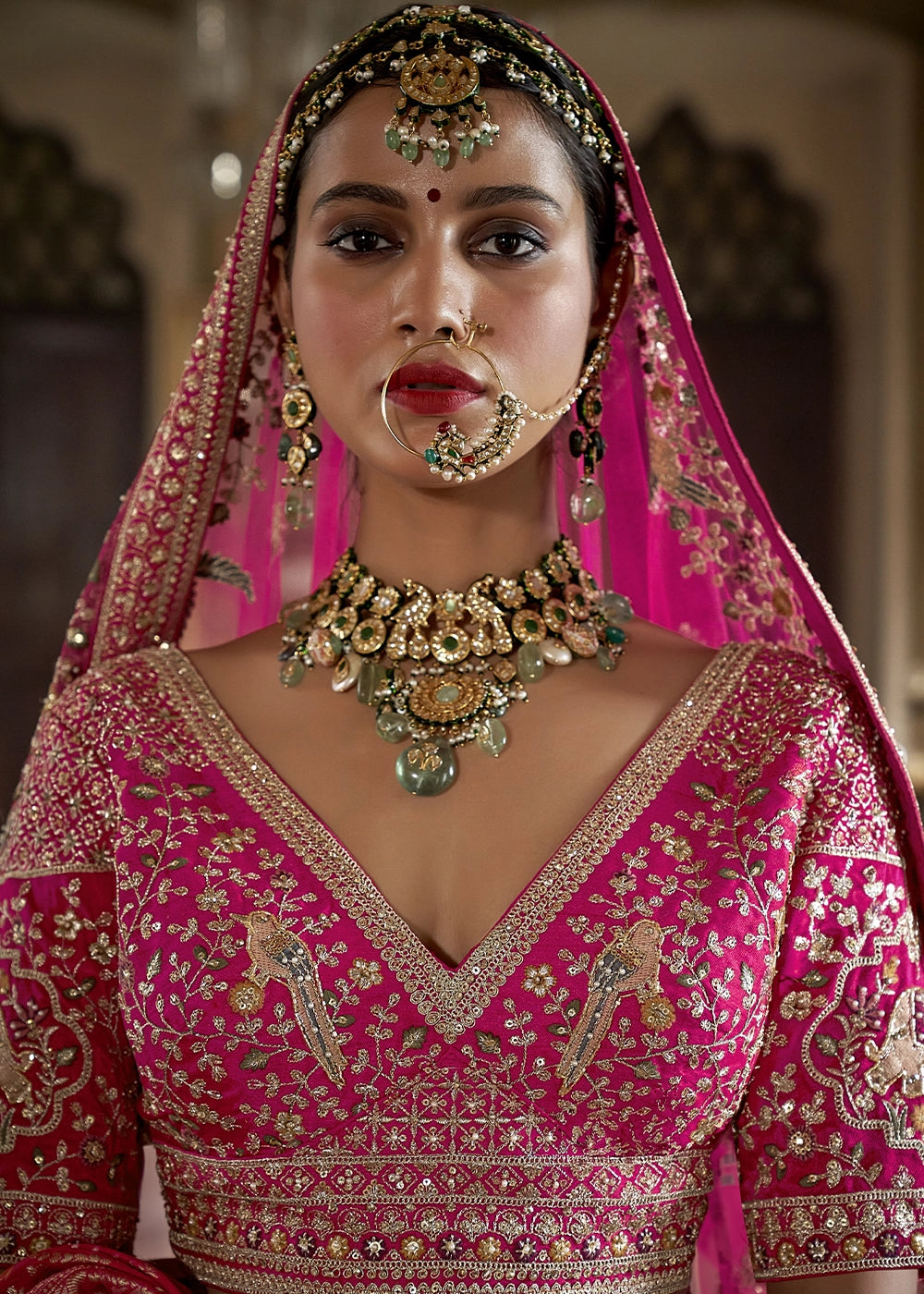 Bright Pink Banarasi Silk Lehenga with Thread, Pearl & Sequin Embroidery : Wedding Edit