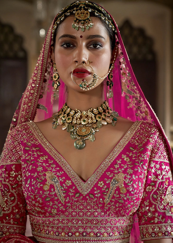 Bright Pink Banarasi Silk Lehenga with Thread, Pearl & Sequin Embroidery : Wedding Edit