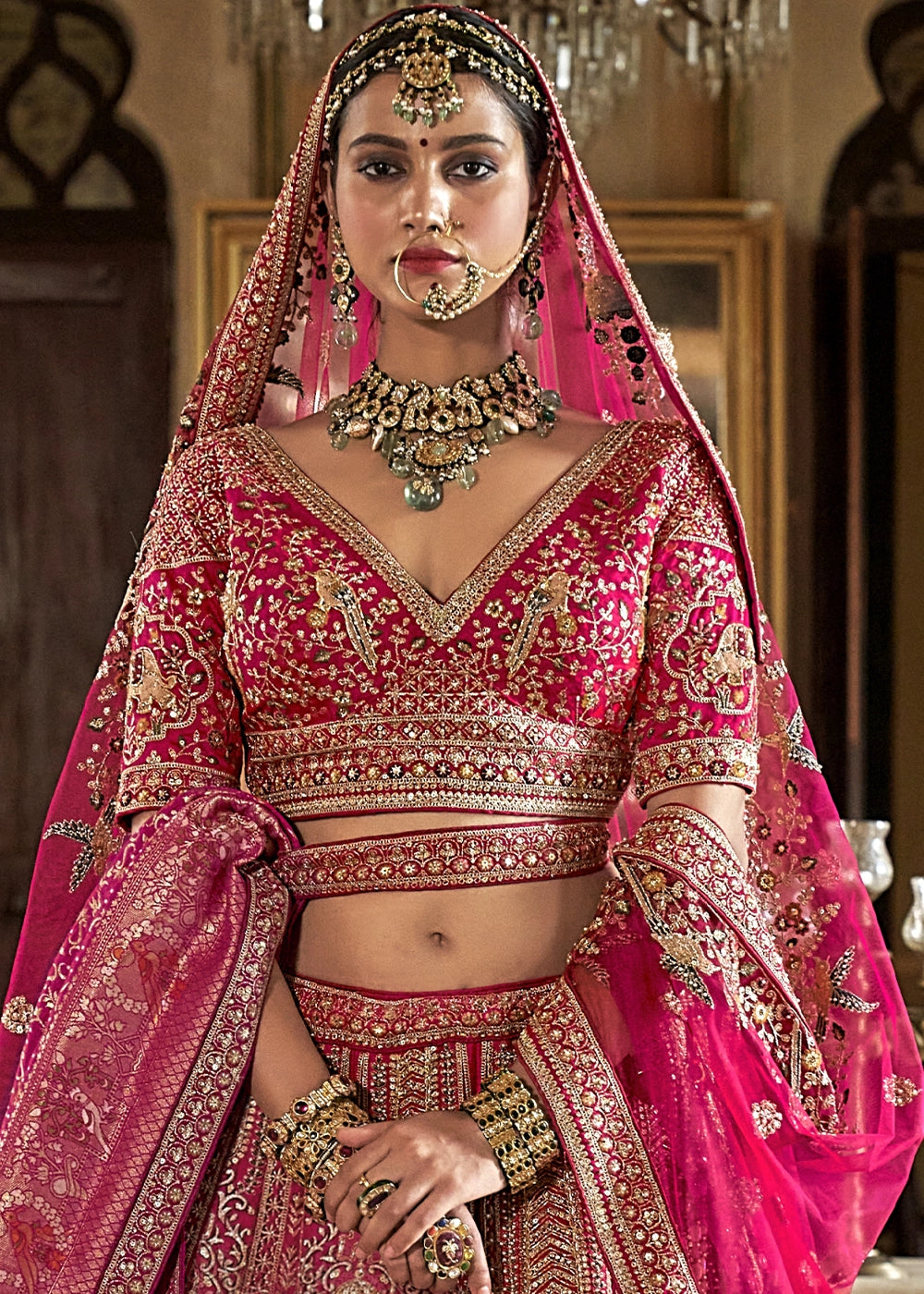 Bright Pink Banarasi Silk Lehenga with Thread, Pearl & Sequin Embroidery : Wedding Edit