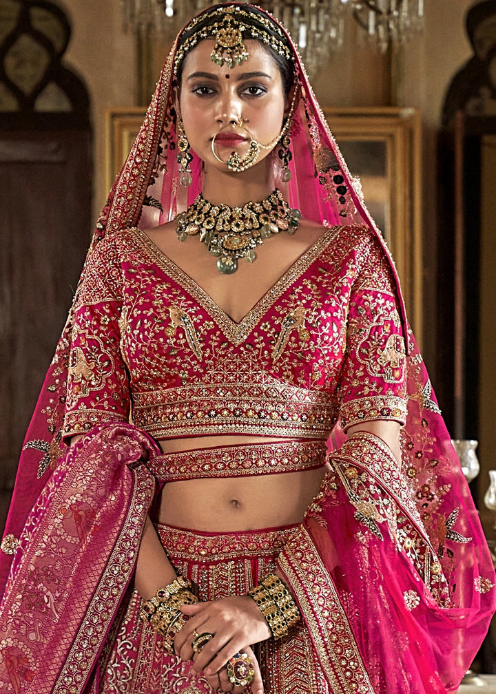Bright Pink Banarasi Silk Lehenga with Thread, Pearl & Sequin Embroidery : Wedding Edit