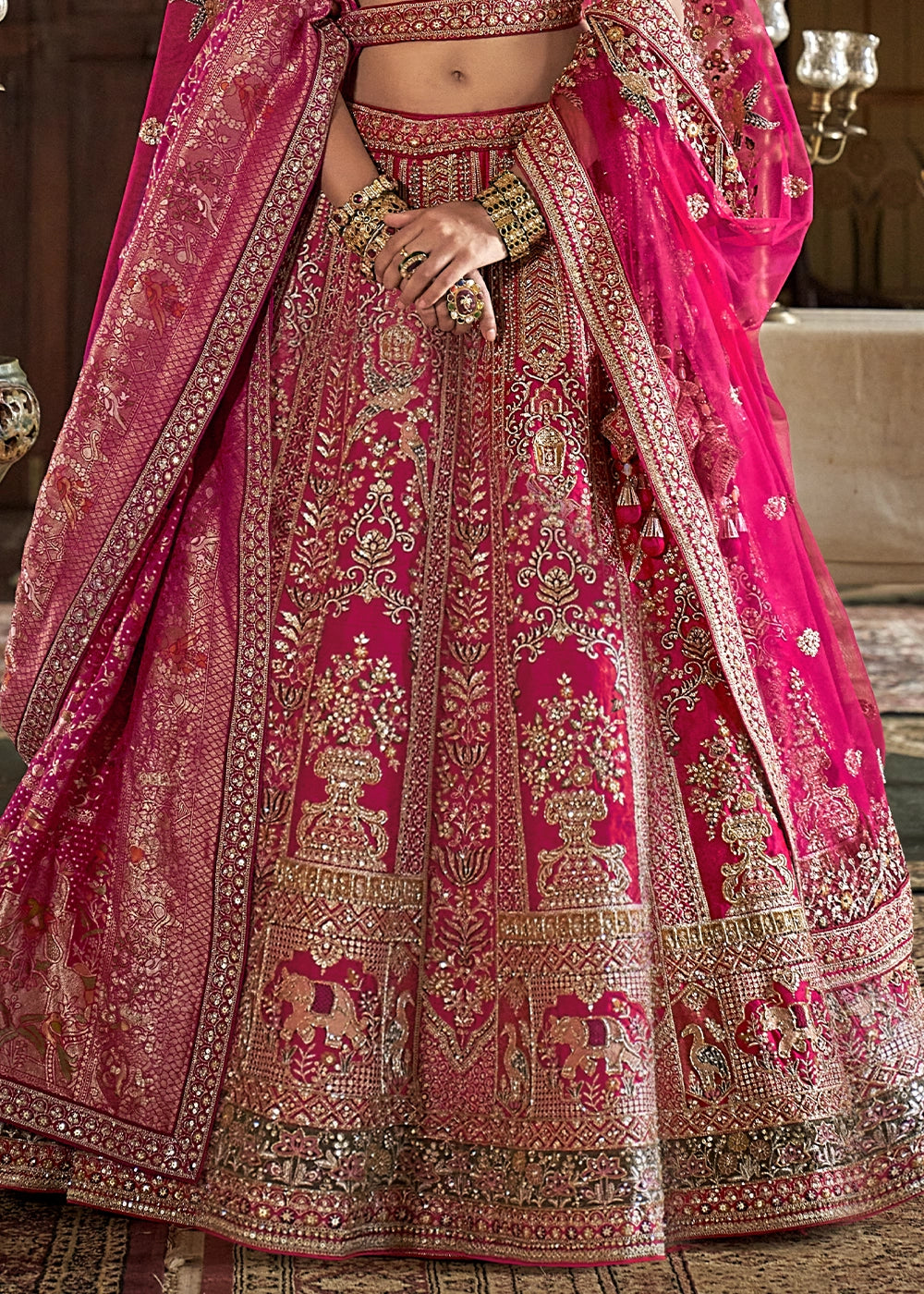 Bright Pink Banarasi Silk Lehenga with Thread, Pearl & Sequin Embroidery : Wedding Edit