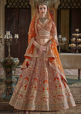 Rust Orange Banarasi Silk Lehenga with Thread, Pearl & Sequin Embroidery with Zari Weaving: Wedding Edit