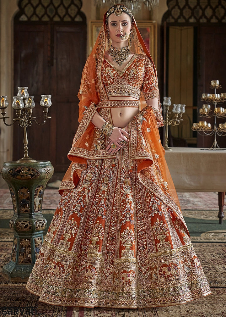 Rust Orange Banarasi Silk Lehenga with Thread, Pearl & Sequin Embroidery with Zari Weaving: Wedding Edit