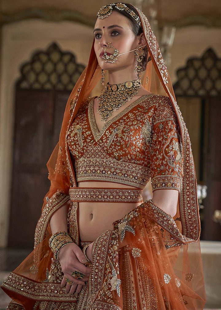 Rust Orange Banarasi Silk Lehenga with Thread, Pearl & Sequin Embroidery with Zari Weaving: Wedding Edit