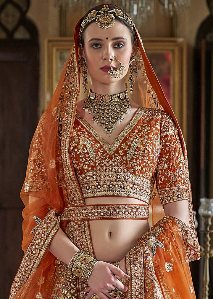 Rust Orange Banarasi Silk Lehenga with Thread, Pearl & Sequin Embroidery with Zari Weaving: Wedding Edit