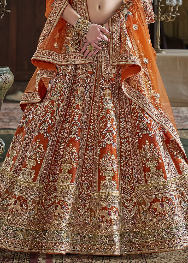 Rust Orange Banarasi Silk Lehenga with Thread, Pearl & Sequin Embroidery with Zari Weaving: Wedding Edit
