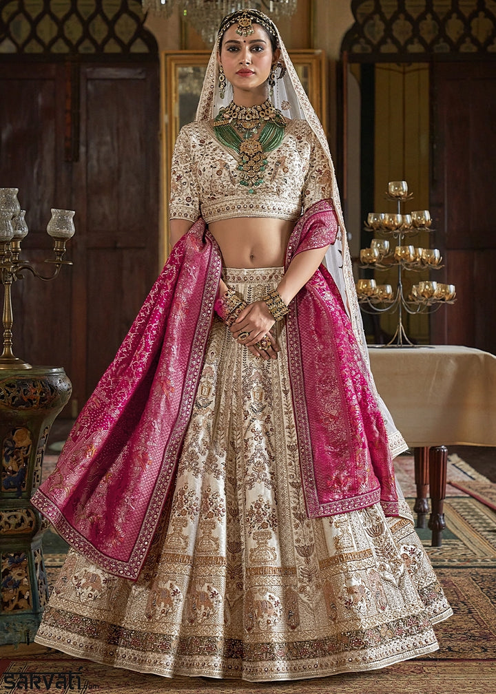 Cream White Banarasi Silk Lehenga with Thread, Pearl & Sequin Embroidery : Wedding Edit