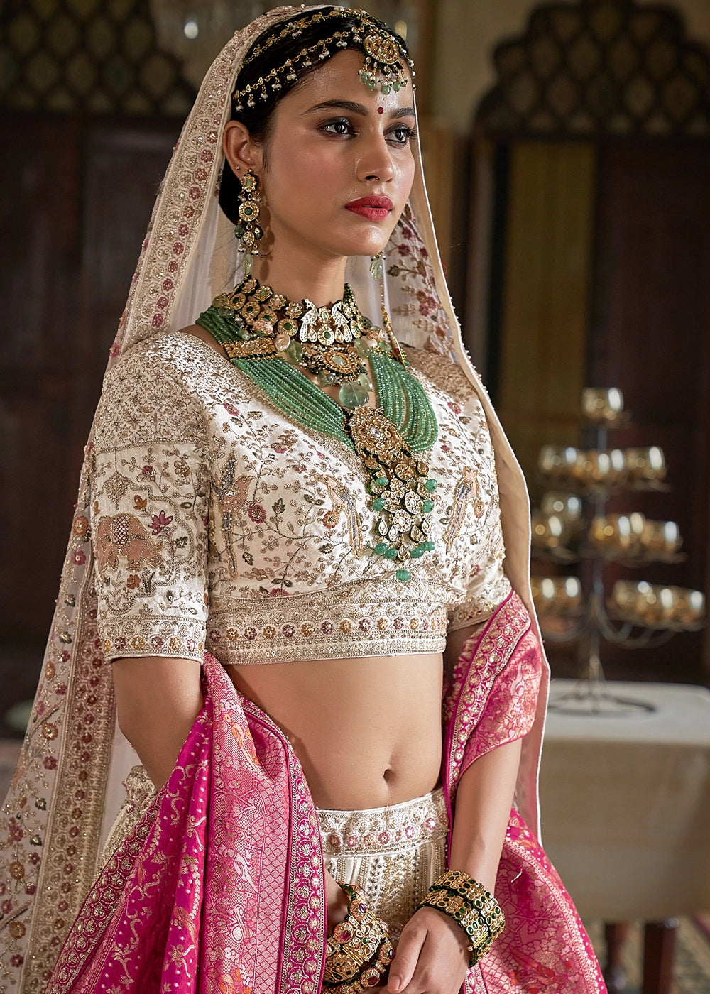 Cream White Banarasi Silk Lehenga with Thread, Pearl & Sequin Embroidery : Wedding Edit