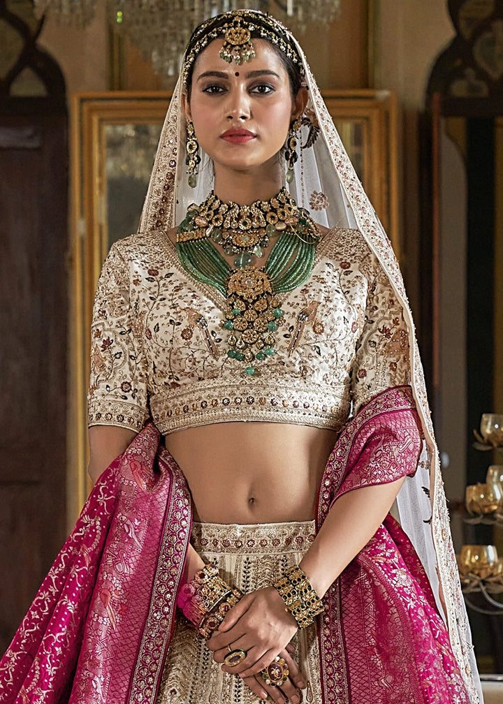 Cream White Banarasi Silk Lehenga with Thread, Pearl & Sequin Embroidery : Wedding Edit