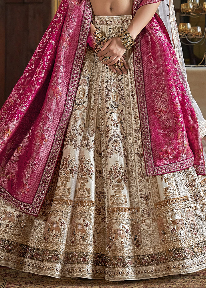 Cream White Banarasi Silk Lehenga with Thread, Pearl & Sequin Embroidery : Wedding Edit