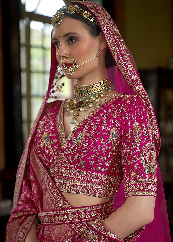 Barbie Pink Banarasi Silk Lehenga with Thread, Pearl & Sequin Embroidery : Wedding Edit