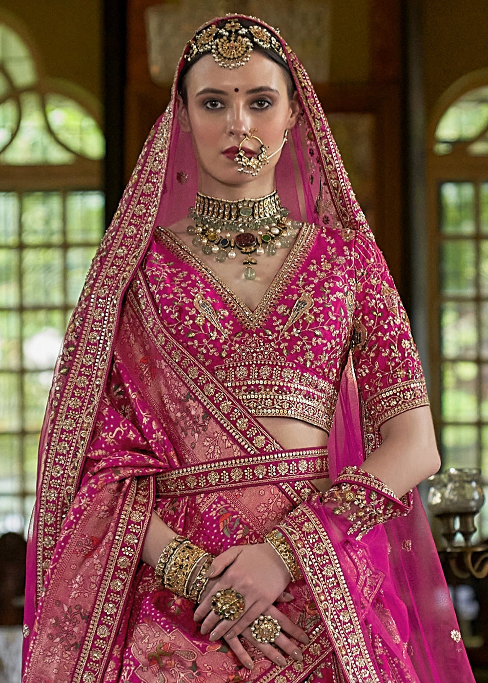 Barbie Pink Banarasi Silk Lehenga with Thread, Pearl & Sequin Embroidery : Wedding Edit