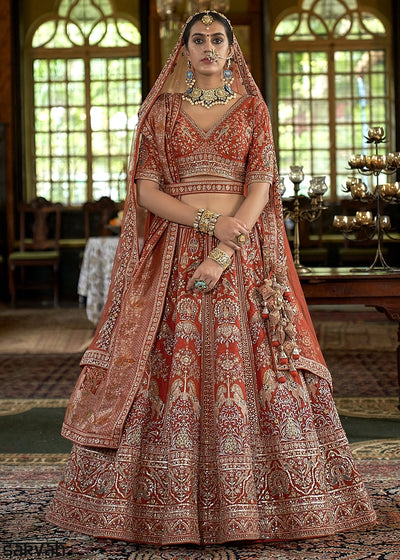 Burnt Orange Banarasi Silk Lehenga with Thread, Pearl & Sequin Embroidery : Wedding Edit