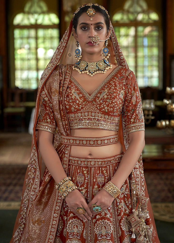 Burnt Orange Banarasi Silk Lehenga with Thread, Pearl & Sequin Embroidery : Wedding Edit