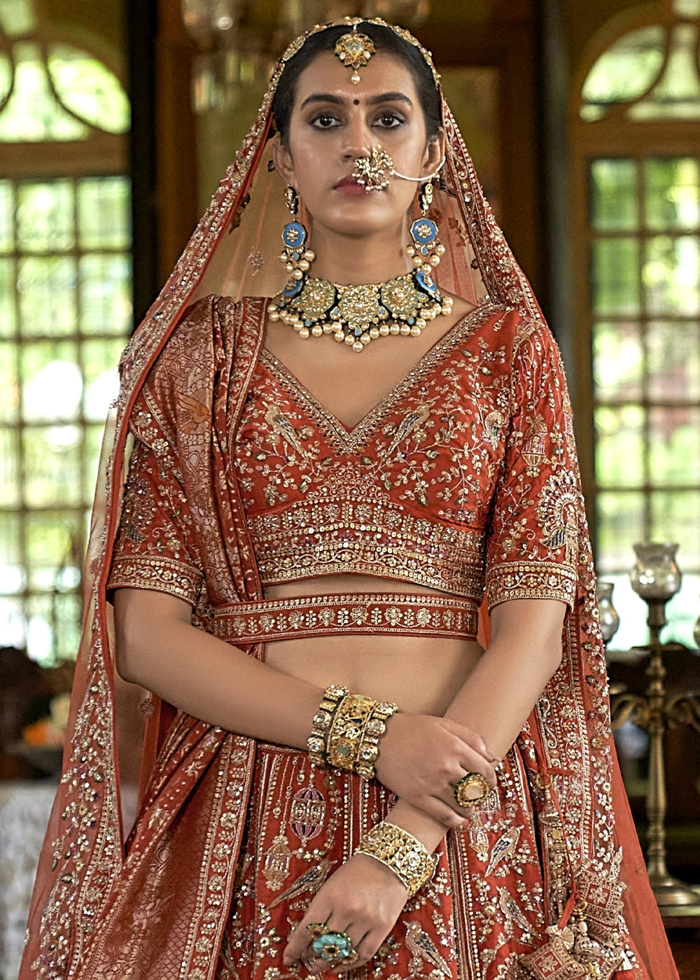 Burnt Orange Banarasi Silk Lehenga with Thread, Pearl & Sequin Embroidery : Wedding Edit